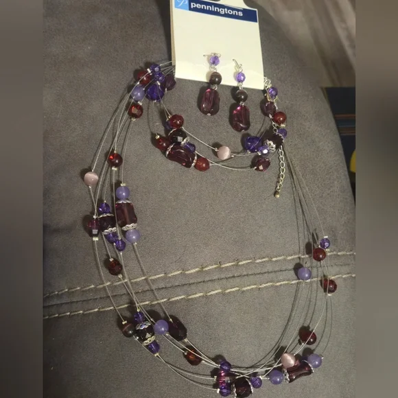 Penningtons Purple Multi-Strand Illusion Necklace & Dangle Earrings Jewelry Set - Picture 2 of 12
